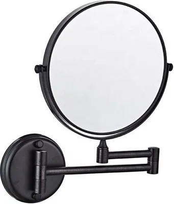A black wall-mounted magnifying mirror with an adjustable arm.