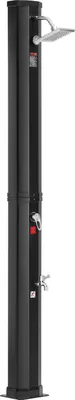 A black outdoor shower column with a shower head and two faucets.