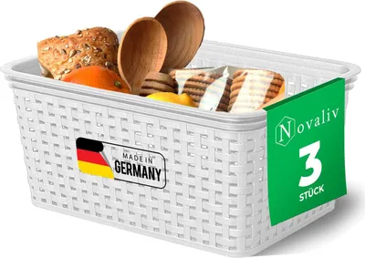 Produktbild von Novaliv 3er Set Lebensmittelechte Körbe Küche Aufbewahrung 5L Weiß Kunststoff Rattan-Optik Küche Aufbewahrung & Organisation BPA-Freie Lebensmittelaufbewahrungsbox für Teebeutel Snacks Gewürze