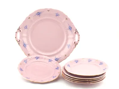 Zdjęcie produktu dla Zestaw do ciasta Sonata, niebieskie kwiaty, różowa porcelana, Leander, 7 szt