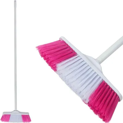 A broom with a white handle and pink and white bristles is shown against a white background.