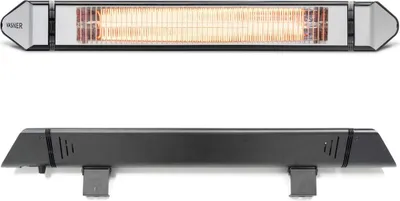 Two views of a black and silver infrared heater are shown against a white background. The top view shows the heating element glowing, and the bottom view shows the mounting brackets.