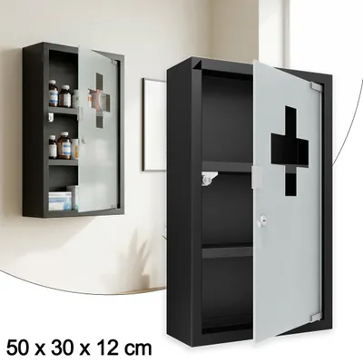 Zdjęcie produktu dla Szafka na leki XMTECH ze stali nierdzewnej, 50x30x12 cm - Zamykana na klucz szafka na leki - Szafka na apteczkę do montażu na ścianie, z matowym szkłem