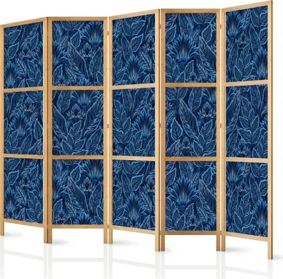 Produktbild von 5-teiliger Einseitiger Vlies Japanischer Paravent - Dense Vegetation - Botanical Patterns in Illustrative Style; Blue 225x172 cm Blumen f-A-10177-bh-b