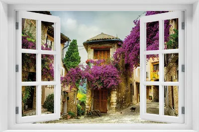 Produktbild von Wallario Poster mit Fenster-Illusion: Malerische Stadt in der Provence mit bunten Blumen, Größe: 100 x 150 cm