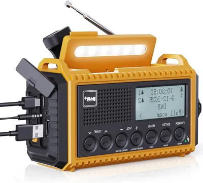 Obrázok produktu pre Prenosné rádio - Rádio s technológiou DAB+ - Vhodné na kempovanie a núdzové situácie - Batéria s kapacitou 5000 mAh - 26 hodín výdrže batérie - Žltá farba