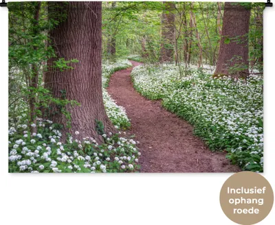 Produktbild von MuchoWow® Wandteppich Wandbehang Wald - Weg - Blumen - Weiß 150x100 cm Tapisserie Dekoration Wandtuch - Waschbar - Tapisserien - Wand-Decke