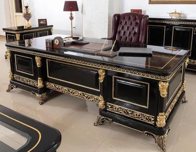 Produktbild von Casa Padrino Luxus Barock Büromöbel Set Bordeauxrot / Schwarz / Gold - 1 Barock Schreibtisch & 1 Barock Chesterfield Bürostuhl mit edlem Kunstleder - Prunkvolle Barock Büromöbel