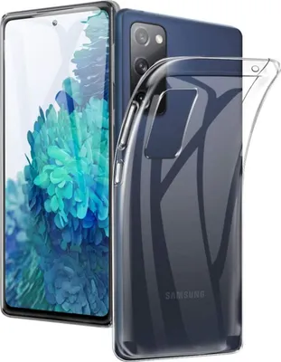 A Samsung Galaxy S20 FE phone with a transparent case on a white background.