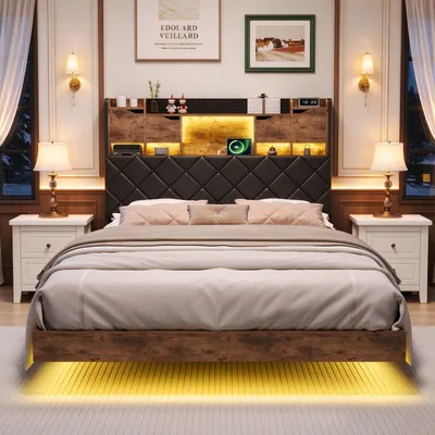 Imagen del producto de Cama tapizada INONEFT de 140x200 con iluminación LED y estación de carga, cama flotante con estructura de metal y espacio de almacenamiento en el cabecero, estructura de cama con somier de listones s