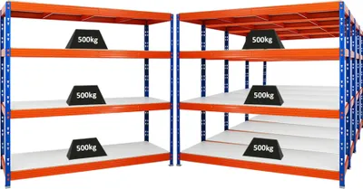 Produktbild von Mega Deal | 5x Profi Schwerlastregal Rhino | HxBxT 180x200x60cm | 4 Melamin-Ebenen 16mm | Fachlast 500kg | Blau-Orange