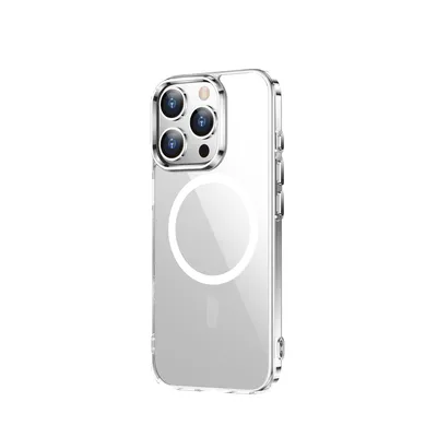 A clear product shot of a transparent phone case with a MagSafe ring, presented on a white background.