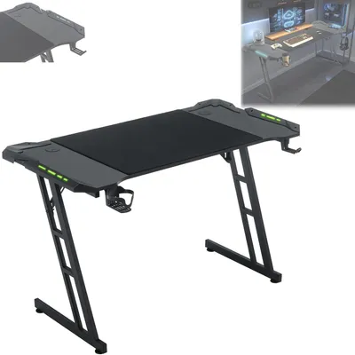 A gaming desk with LED lights, headphone hook, and cup holder.