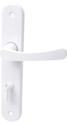 A white door handle set with a long backplate and a keyhole.