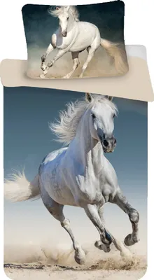 A bedding set featuring a white horse in motion on a blue background.