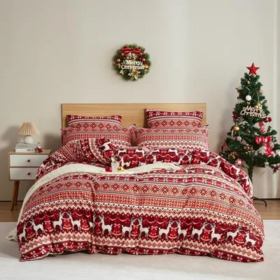 Productafbeelding van Bettenset microvezel, rood, 135x200 cm, 4-delig, winterthema, met rits