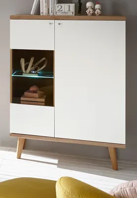 Produktbild von Highboard "Helge" in weiß und Eiche Riviera Vitrine skandinavisch 90 x 134 cm