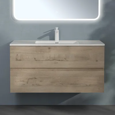 Image de doporro Meuble de Salle de Bain Suspendu Chêne Clair 100x48x50cm Ensemble de 2 Pièces Meuble avec Lavabo Solid Surface Design Aqualis
