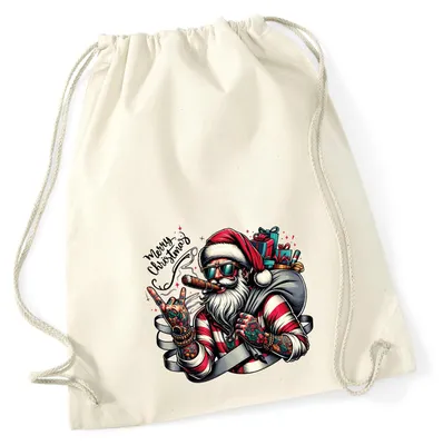 Produktbild von Huuraa Turnbeutel Cooler Weihnachtsmann Merry Christmas 12 Liter Natural Baumwolle Rucksack Geschenkidee