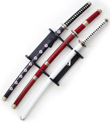 Produktbild von 3er-Pack Holz-Katanas Zoro Roronoa Schwerter mit Holzklinge + 3er-Halterung Zoro Sabres Zorro Roronoa Shusui Kitetsu Wado Ichimonji Cosplay-Set