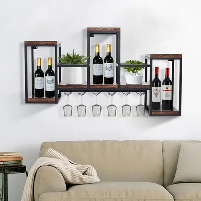 Zdjęcie produktu dla Trzypoziomowy, przemysłowy stojak na wino do montażu na ścianę, z uchwytami na kieliszki