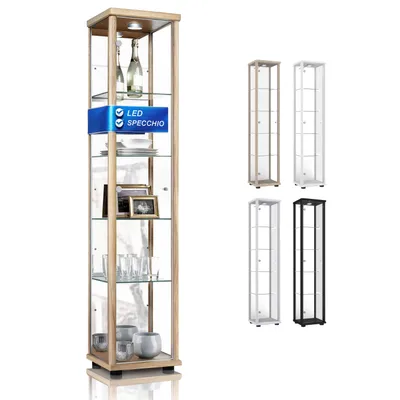 Immagine prodotto di K-Möbel Vetrina in vetro in piedi in faggio (176x37x33 cm) con 4 ripiani in vetro regolabili in altezza, specchio e LED - Vetrina in piedi - Vetrina da collezione
