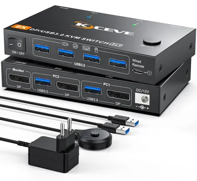 Zdjęcie produktu dla Przełącznik KVM dla 2 komputerów, 1 monitor, złącze DisplayPort, obsługa rozdzielczości 4K@144Hz i 8K@60Hz, 4 porty USB 3.0