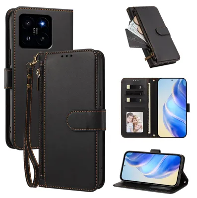 Produktbild von Geldbörse Hülle für Xiaomi 14, Kunstleder Handyhülle mit Kartenfächer, Ständer, Handschlaufe Schwarz