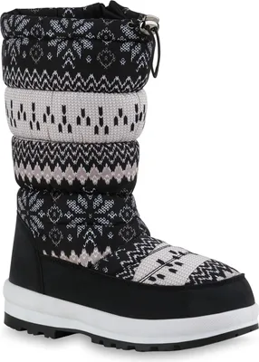 Produktbild von Mytrendshoe Damen Warm Gefütterte Winterstiefel Bequeme Stiefel Prints Schuhe 836083, Farbe: Schwarz Beige Weiß Muster, Größe: 38