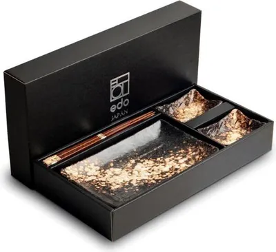 Immagine prodotto di Edo Japan | Set per sushi Yogan - 2 piatti rettangolari 22x14 cm - 2 ciotole in Vetroceramica - 2 bacchette - Set da 6 pezzi