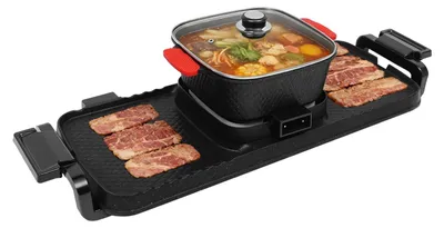 Zdjęcie produktu dla Bezdymny grill stołowy i garnek do gotowania na gorąco – zestaw 2 w 1 – przenośny – podwójna regulacja temperatury – szklana pokrywa – do użytku w pomieszczeniach