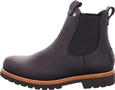 A black leather Chelsea boot is shown from the side against a white background.