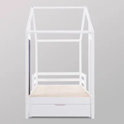 Produktbild von Flieks Hausbett Kinderbett 90x200cm, Kinderbetten mit Tafel und Lattenrost, Einzelbett Holzbett mit 2 Schubladen und Rausfallschutz Massivholzbett, ohne Matratze