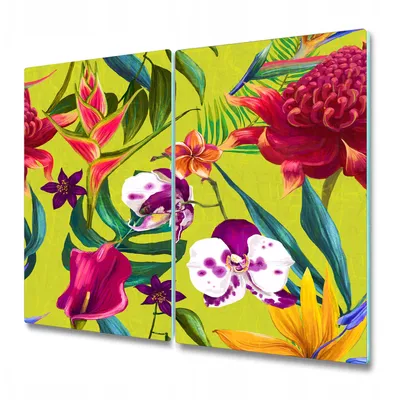 Produktbild von Küchenschneidebrett - Glasschneidebrett - Herdabdeckung - 2x 30x52 cm - Tropische Blumen