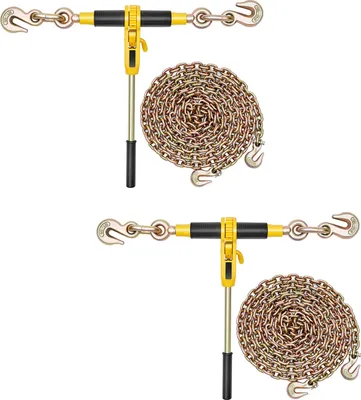 Image de Tendeur à cliquet SucceBuy avec chaînes d'arrimage G80 8 mm x 3 m, lot de 2, force de tension 3629 kg, tendeur de chaîne avec 2 crochets de préhension, fixations de chaînes de transport pour une sécurisation du chargement, du transport et des remorques à plateau