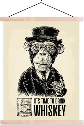 Produktbild von MuchoWow® Textilposter Mancave - Jahrgang - Whiskey - Affe 120x160 cm mit holzfarbenen Rahmen - Plakatkarton