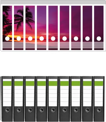 Produktbild von Wallario 9 Stück breite Ordner inkl. Klebeetiketten mit Motive Abendrot unter Palmen - pinker Himmel am Strand -  Set mit Rückenschildern / Ordnerrücken Stickern