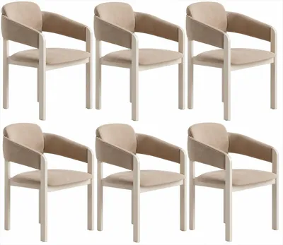 Immagine prodotto di Sedia da pranzo beige, imbottita, con braccioli, in legno, dal design moderno e confortevole