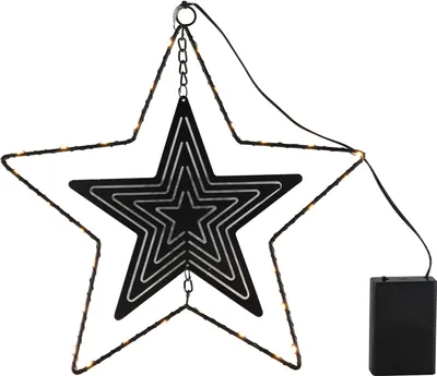 Immagine prodotto di Stella LED in metallo nera da appendere con timer - 30 cm - Stella decorativa illuminata in bianco caldo