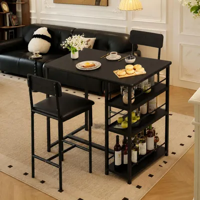 Immagine prodotto di Set da bar composto da: 1 tavolo da bar con 3 ripiani e 2 sgabelli da bar con schienale, colore nero