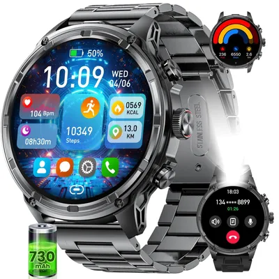 Zdjęcie produktu dla Inteligentny zegarek męski HD, duży wyświetlacz, bateria 710 mAh, sportowy zegarek męski z latarką, ponad 120 trybów sportowych, wodoszczelność 5ATM, monitor tętna i snu, kolor czarny