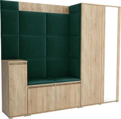 Obrázok produktu pre Šatníková zostava Noris VIII so zrkadlom, čalúnená skriňa 145 cm s botníkom, nástennými panelmi a lavicou (farba: dub Sonoma+ Trinity 28)