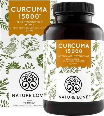 Produktbild von Nature Love® Curcuma 15.000 | 90 Kapseln | 450 mg Curcumin pro Kapsel | hochdosiert aus 95% Extrakt | 9-Monatsvorrat | vegan