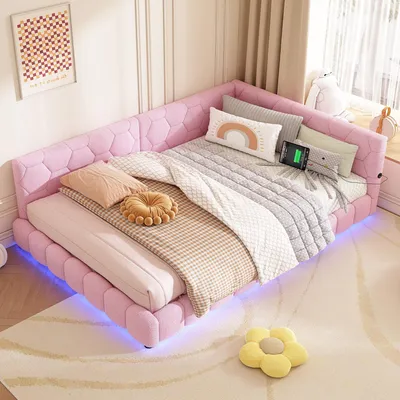 Image de MODFU lit rembourré, canapé-lit 140×200 cm avec LED et USB & Type-C, lit de jour / lit double avec sommier à lattes, Vliesimitat, sans matelas, rose