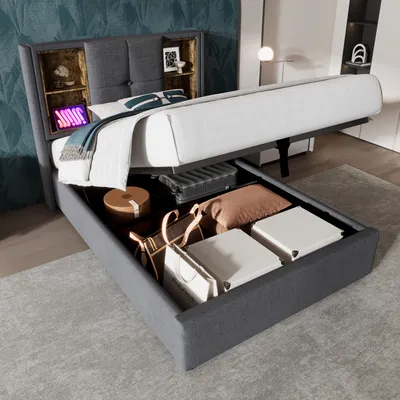 Produktbild von okwish Polsterbett Boxspringbett 90 x 200 cm mit Kopfteil mit Stauraum und USB-Ladeanschluss, Hydraulisches Stauraumbett mit Bettkasten Stauraum und LED-Beleuchtung(Ohne Matratze)- Grau