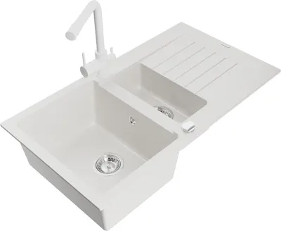 Produktbild von Mexen Matias 1,5-Becken-Granitspüle mit Abtropffläche und Mischbatterie Duero, Weiß - 6502-20-671600-20