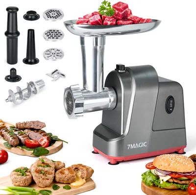 Produktbild von 7MAGIC Elektrischer Fleischwolf 250W, Wurstmacher Edelstahl mit 3 Metall-Scheiben Wurstfüller, Spritzgebäck & Kebbe Aufsatz, für Fleisch und Wurst