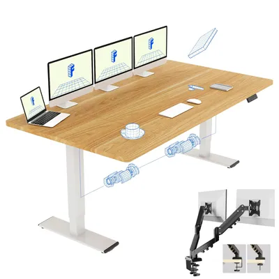 Image de FLEXISPOT QB2, bureau réglable en hauteur, électrique, 180x80 cm, avec support pour moniteur, 2 moteurs puissants, capacité de charge de 120 kg, 4 fonctions de mémoire (érable)