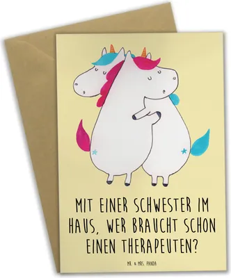 Produktbild von Mr. & Mrs. Panda Klappkarte Schwester Glück - Gelb Pastell - Geschenk, Verwandte, weihnachtskarten, dankeskarten, Familie, Geschwisterliebe, neujahrskarte, Freude