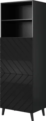 A black tall cabinet with two shelves and two drawers with a chevron pattern.